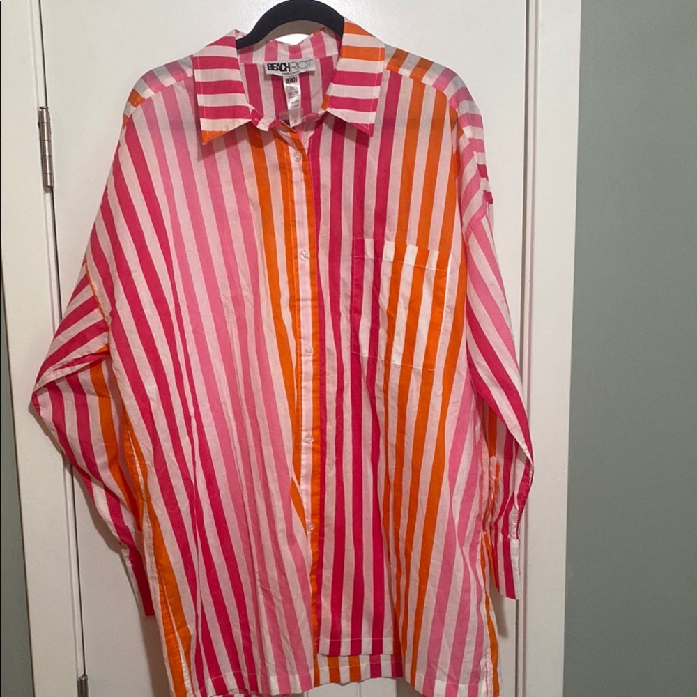 Beach Riot Pink and Orange Striped Button Down Shirt or Swim Cover Up
